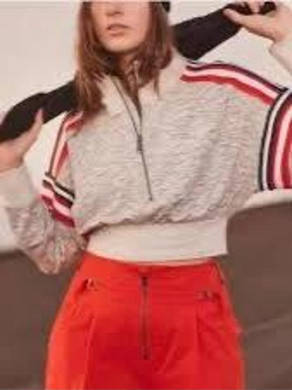 Free People Cropped Heather Gray Half-Zip Pullover with Red Stripe Accents